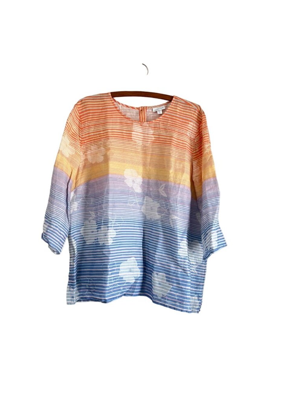J Jill Love Linen Womens Multicolor Striped Floral 3/4 Sleeve Blouse Size PXL
